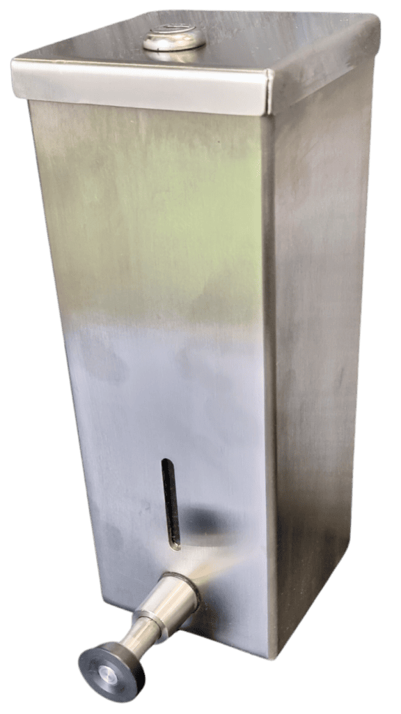 A custom stainless steel metal fabricated and fully assembled soap dispenser.